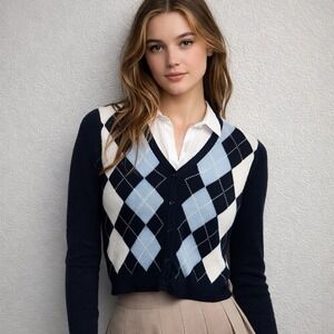 Brandy Melville Womens OS Argyle Cardigan Navy Blue 100% Cotton Preppy Ivy Style